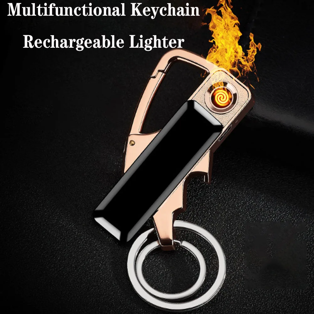 

New Multifunctional Windproof Keychain Electric Lighter With Bottle Opener Metal USB Rechargeable Tungsten Lighter Smoking Gift