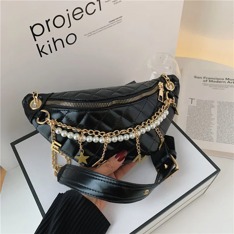 

Pearl waist bag women's new Korean personalized Lingge women's PU Messenger Bag Fashion texture chest bag