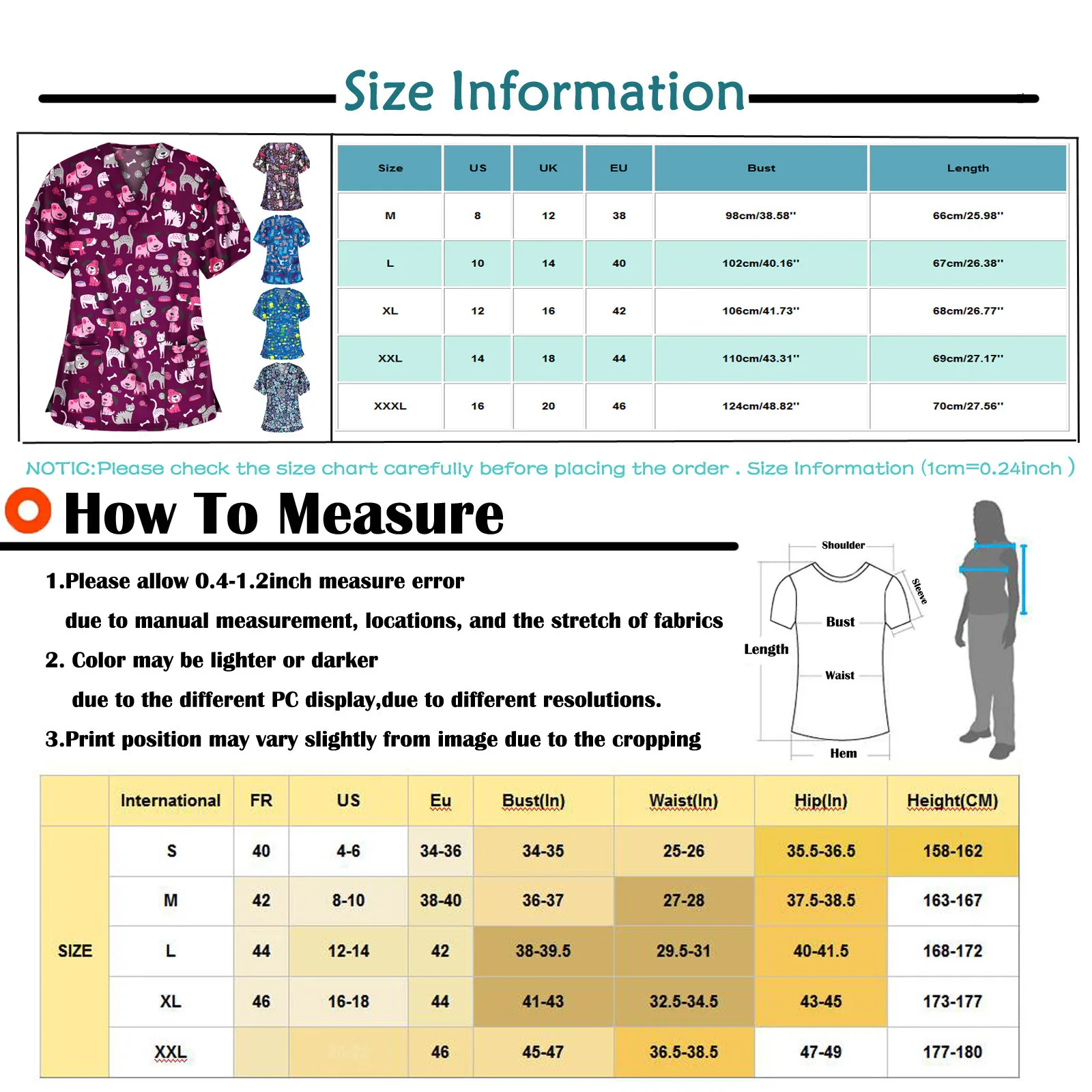 

Women's Short Sleeve V-neck Tops Clinic Work Uniform Print Patchwork Pocket Blouse Shirt Nurse Accessories Protective J30