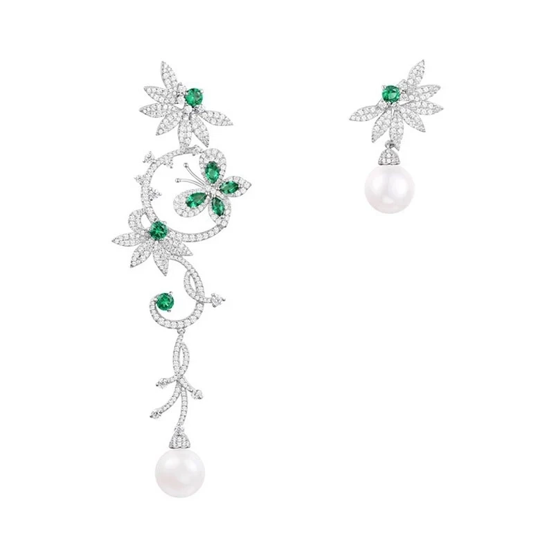 

SOELLE Asymmetric Mentha Mint Green Butterfly Floral Earrings with Pearl Women 925 Sterling Silver Cubic Zirconia Luxury Jewelry