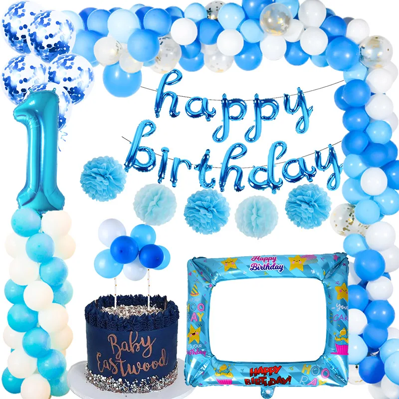 WEIGAO First Birthday Photo Clips Banner Garlands One Year Old Blue 1 Number Balloons Baby Shower Boy Birthday Decor Supplies