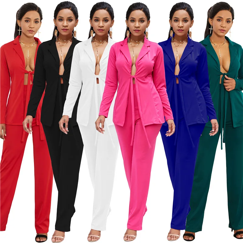 

Office Lady Casual Blazer Sets Formal Two Piece Set Female Slim Elegant Tie Cardigan Coat Loose Long Pant Women's Suits 6 Colors