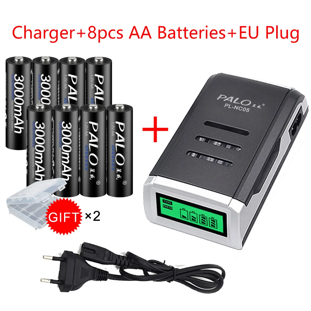 PALO 4/6/8/16 шт. 1,2 V aa 2a AA батарея 3000 mAh Ni-MH AA Аккумуляторная батарея для камеры игрушечный автомобиль батареи - Цвет: 8pcs and charger