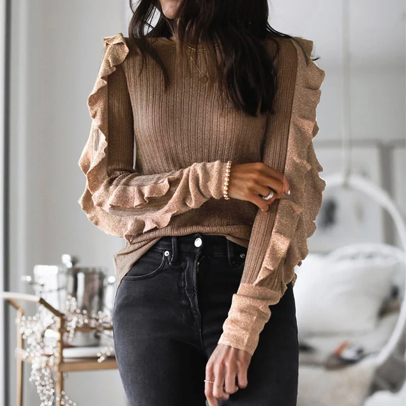 

2021 Fashion Casual Round Neck Solid Color Ruffled Patchwork Long Sleeve Women Blouse Women Tops and Shirt Winter Tops