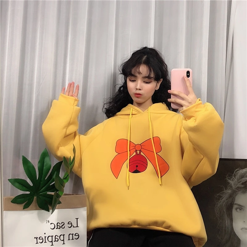 Женские свитшоты с бантом и принтом колокольчиков новинка Свободные флисовые