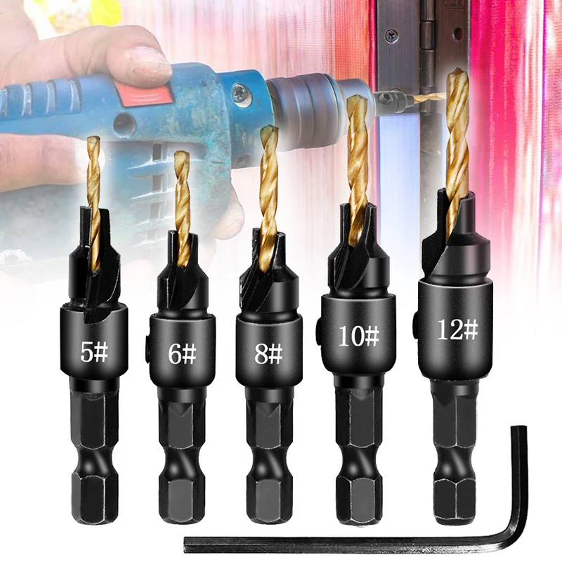 Набор сверл для столярных зенкеров с 5 канавками 1/4 дюйма шестигранным