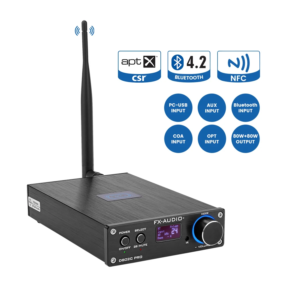 FX Audio D802C PRO усилители Bluetooth 80 Вт * 2 Цифровой усилитель звука с поддержкой APTX NFC