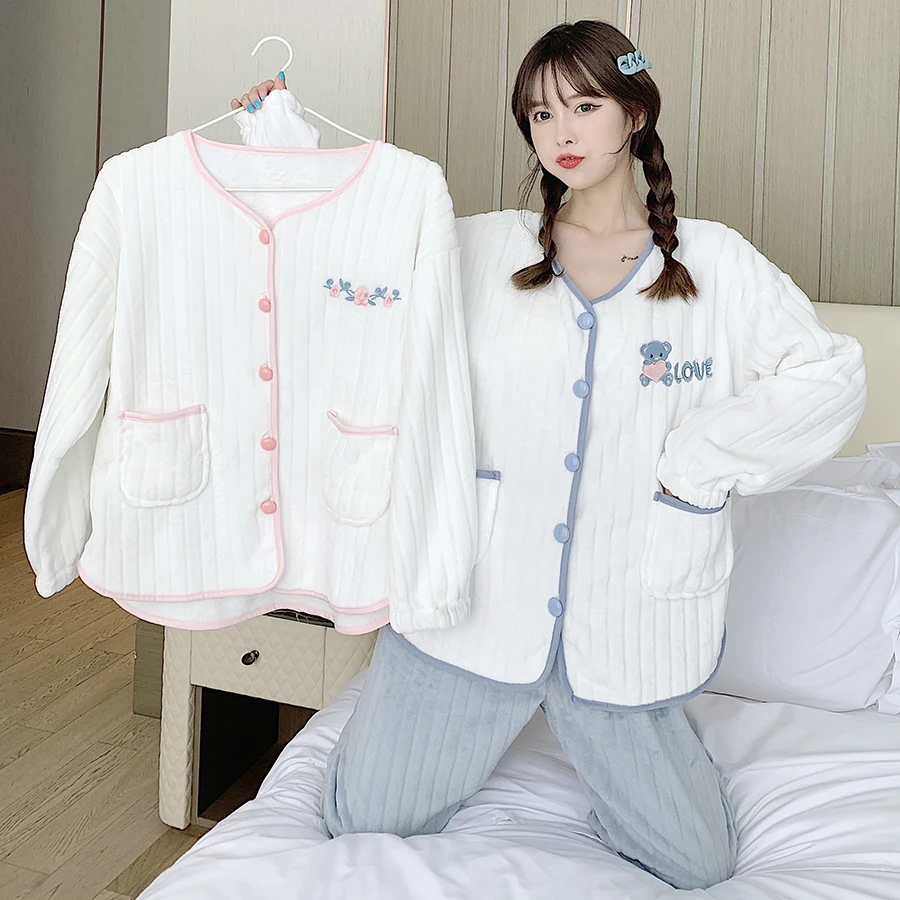 

2021 Winter Long Sleeve V-neck Thick Warm Flannel Pajama Sets For Women Coral Velvet Sleepwear Suit Pyjama Homewear Home Clothes