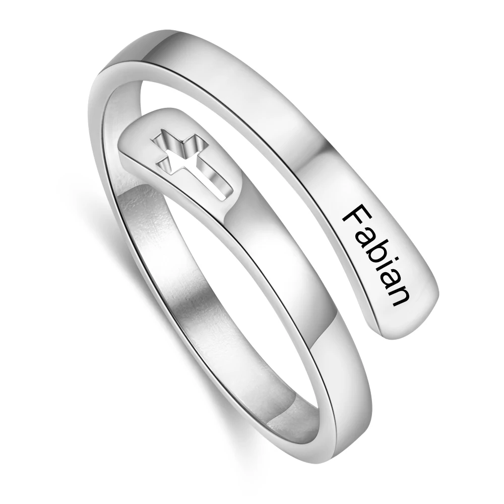 

Personalized Engrave Name Wrap Ring with Cross Stainless Steel Adjustable Rings for Women Fashion Jewelry (RI104061)
