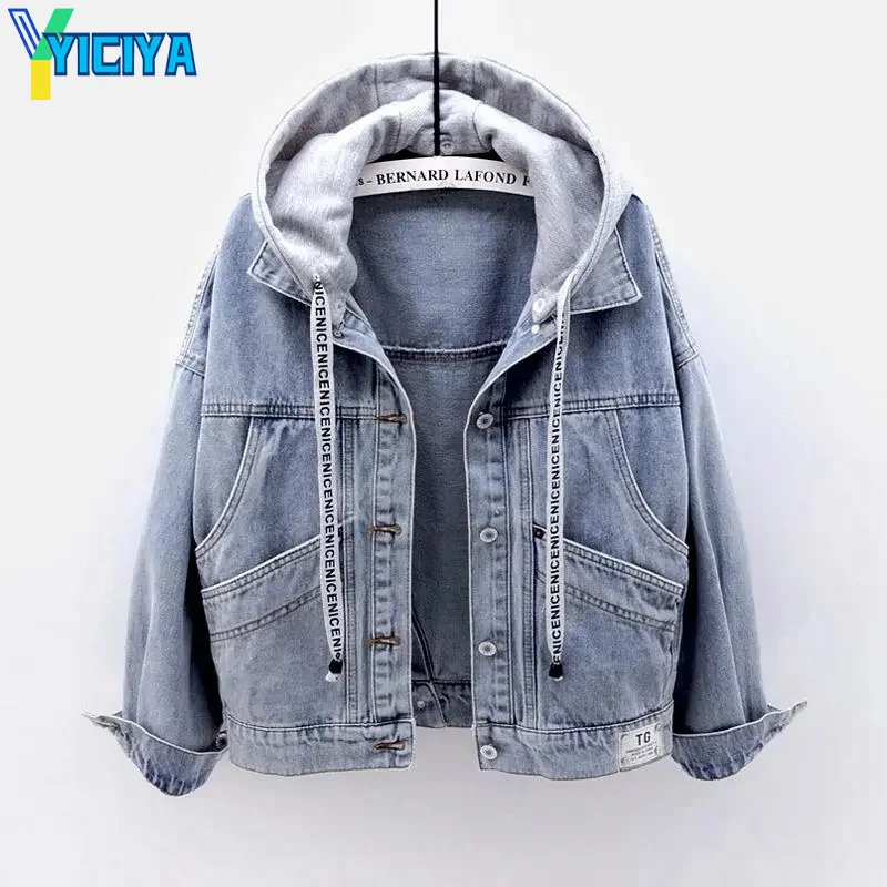 

YICIYA Deconstructable Hooded Turn-down Collar Denim Jacket Women Loose Outwear Large Size Jean Coat Female Jean jacket y2k met