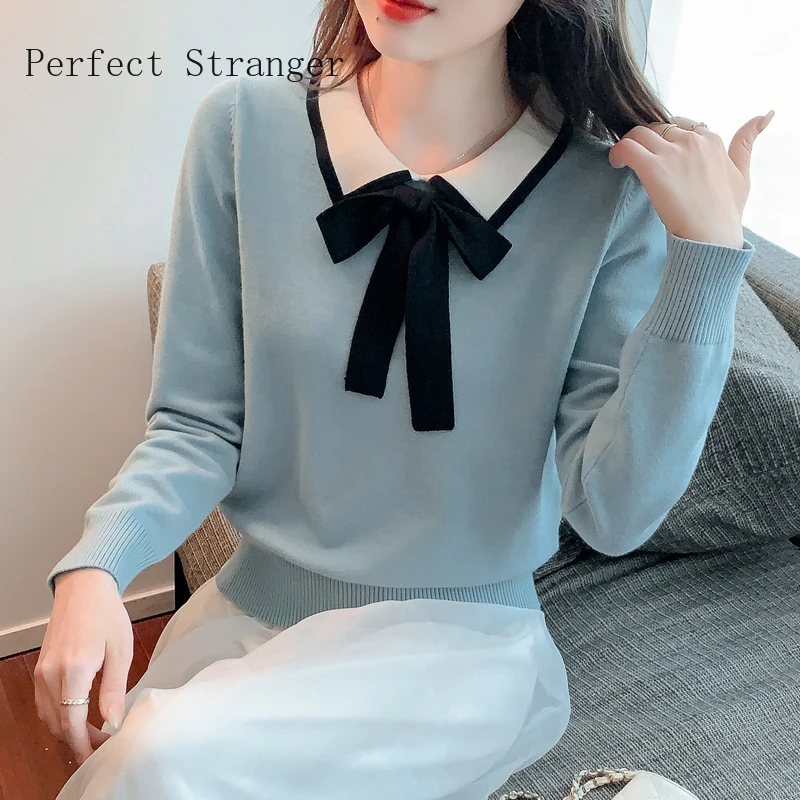 

2021 Spring Autumn New Arrival Hot Sale Bow tie shirt collar sweet knit sweater baggy long sleeve sweater