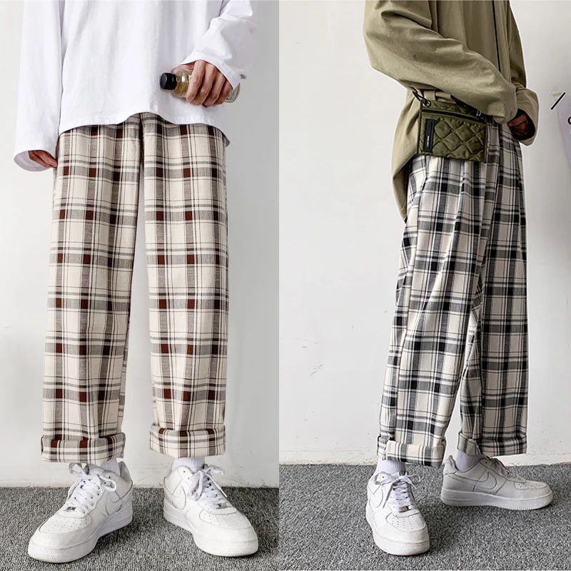 

Autumn Cotton Plaid Pants Men's Fashion Retro Men Pants Casual Streetwear Loose Hip-hop Drawstring Straight Pants Men Trousers