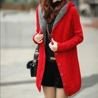 2021 new winter hooded cardigan women sweater red white coat thick warm sueter mujer long sleeve female knitted outwear