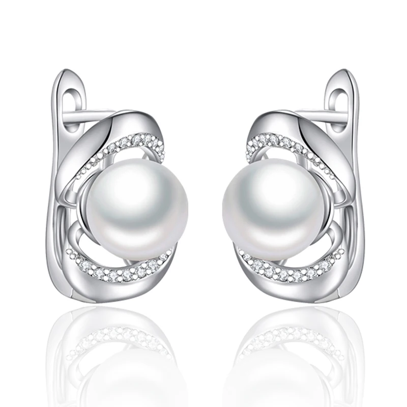 Серьги гвоздики женские с жемчугом и цирконием 8 мм|Серьги-гвоздики| |