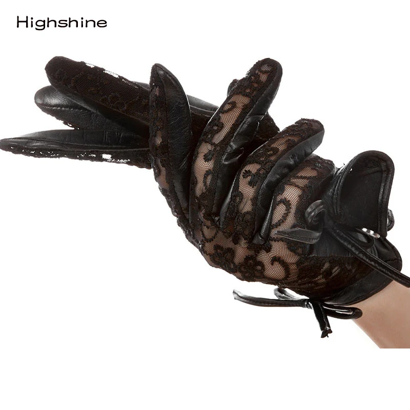 

New Lady Luxury Elegant Genuine Leather Lace Gloves Women SPring Driving leather Gloves Mittens touchscreen Women Party Gloves