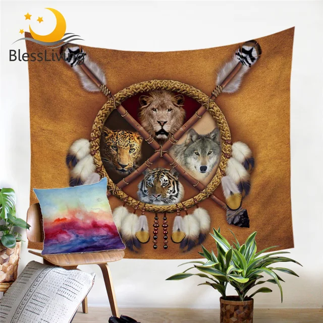 BlessLiving Wolves Tapestry Wall Hanging Wolf Decorative Wall Carpet Dreamcatcher 3D Printed Bed Sheet Tribal Animal Picnic Mat 1