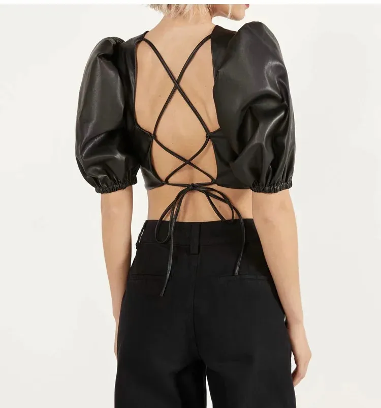 

2020 New Tops For Summer Women's Fashion Clothing Bandage Puff Sleeve Leather Top Sexy Backless Slim Black Short Shirt Women