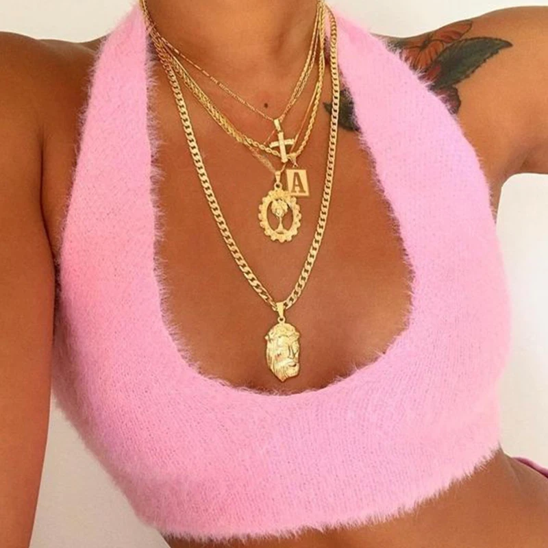 Exaggerated Letter A Pendant Layered Necklace Geometric Alloy Beauty Portrait Cross Wine Glass Multilayer Banquet Gift | Украшения и