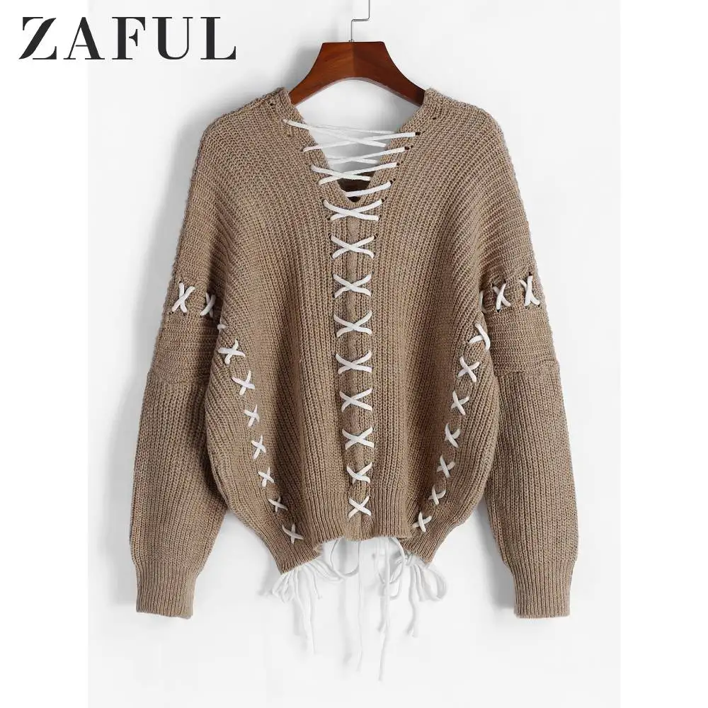 ZAFUL вязаный свитер на шнуровке с открытыми плечами повседневные стильные