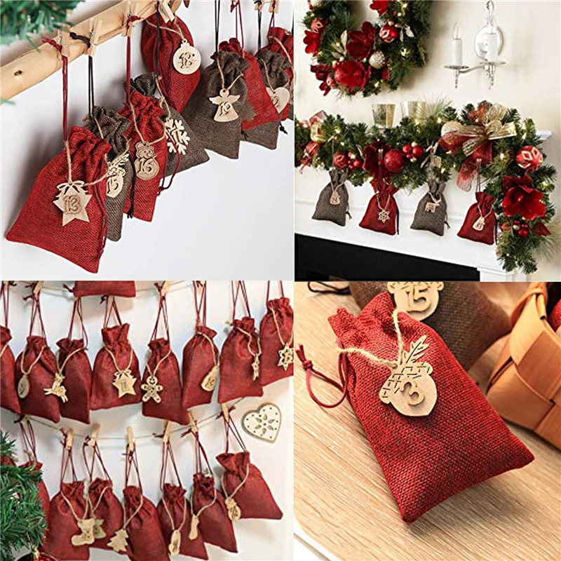 

1set Christmas Advent Calendar Bags Gift Numbers Bag Drawstring 24 Days Burlap Advent Calendar Candy Bags With Clips Xmas Decor