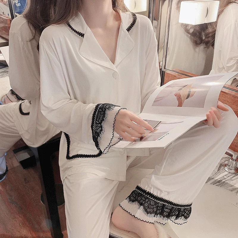 

Sexy Lace Pajamas Set for Women 2021 Spring and Autumn Cotton Fashionable Stylish Nightwear Advanced Modal Homewear 2 Colors