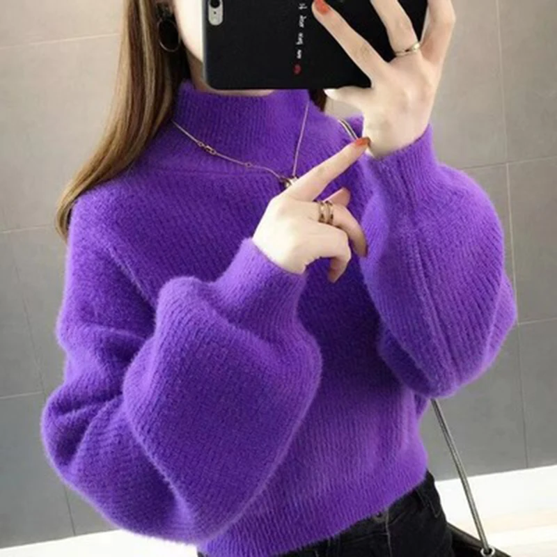 Purple Короткий свитер фиолетовый каваи шерстяной зимний для девочек мохер осенний пуловер с рукавами-фонариками свободный кашемировый бархатный вязаный - Цвет: Purple