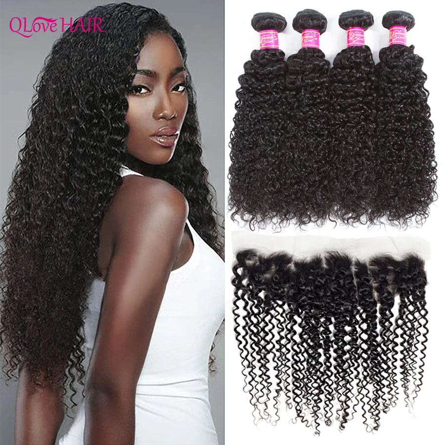 

Qlove Hair Malaysian Kinky Curly With Frontal Human Hair Bundles With Frontal 3/4 Bundles Curly Hair Bundles With Closure