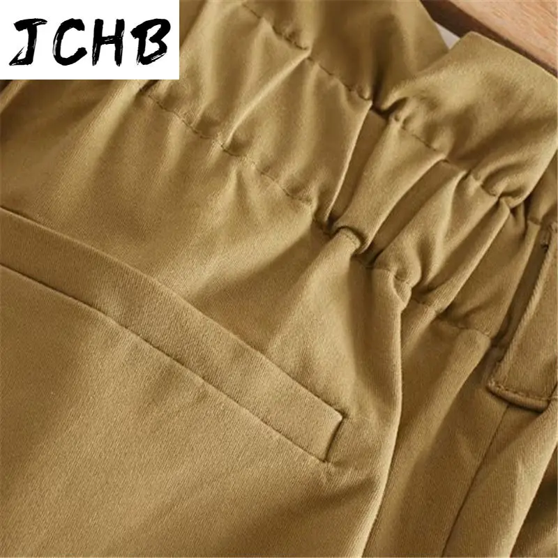 

SHZQJCHB Women Khaki Cotton Paperbag Pants Streetwear Pockets Pleated Waist Trousers 2021 Ladies Casual Long Pants Pantalon