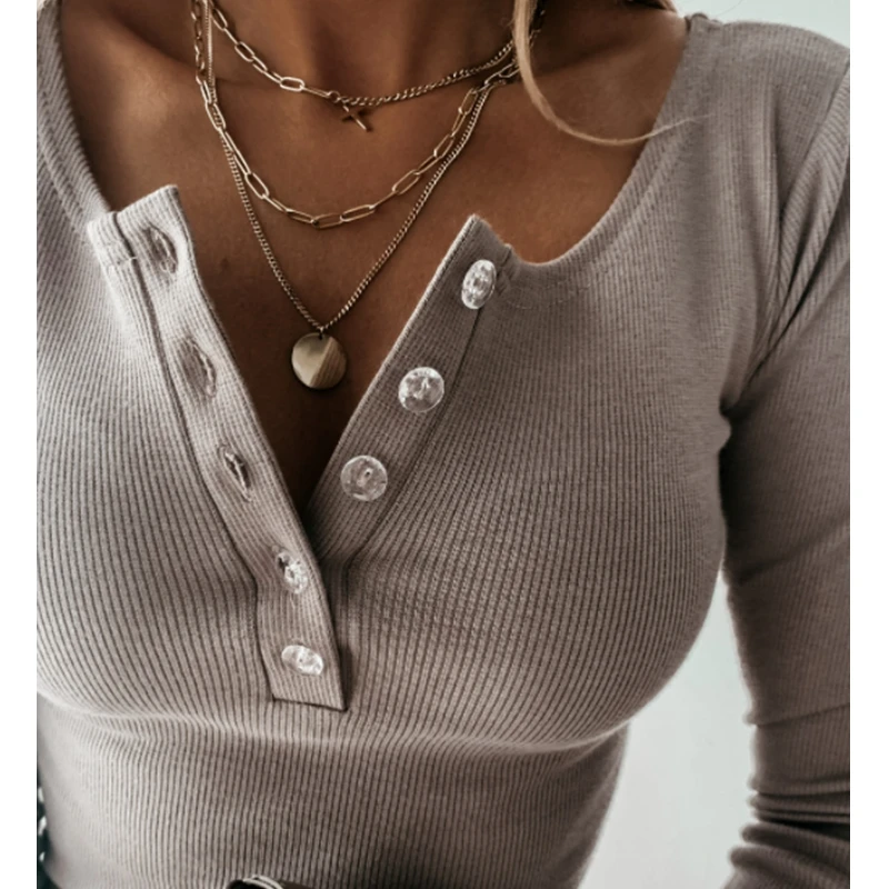 

Autumn Women Tshirt Top Solid Color Long Sleeve T shirt for Women Sexy V Neck Button Knitted Jumpers top T shirt femme t-shirts