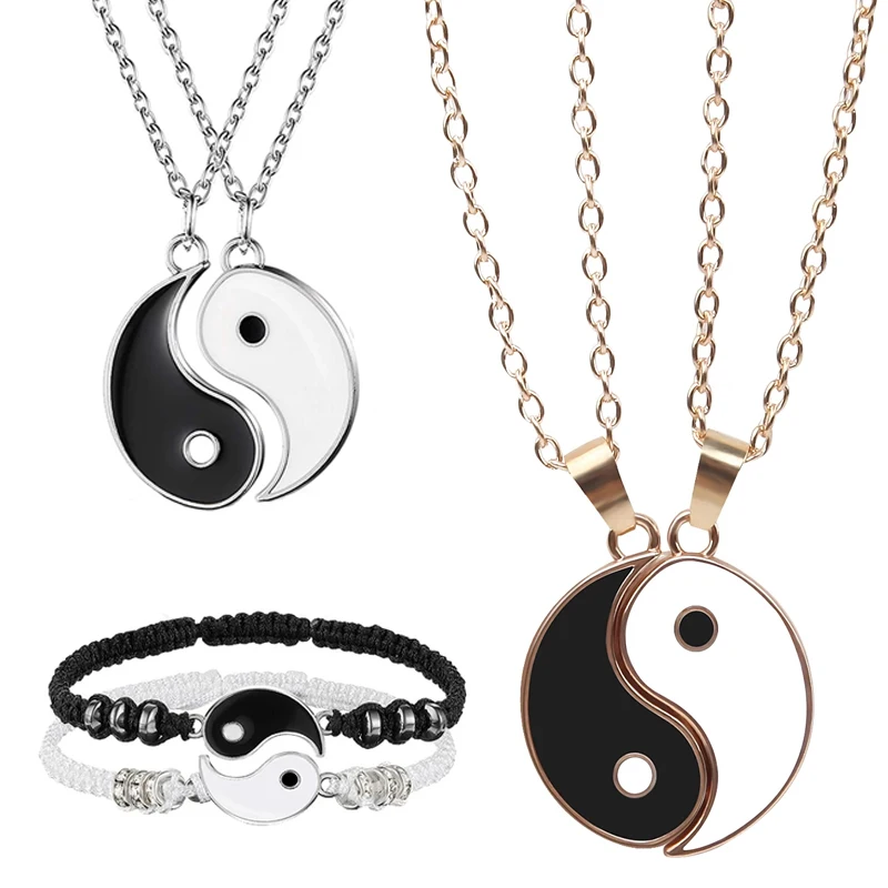 

2pcs Bracelets Hematite Leather Cord Braid Chain Bracelet Necklace Chinese Tai Chi Pendant Woven Lover Couple Bracelet Set Gift