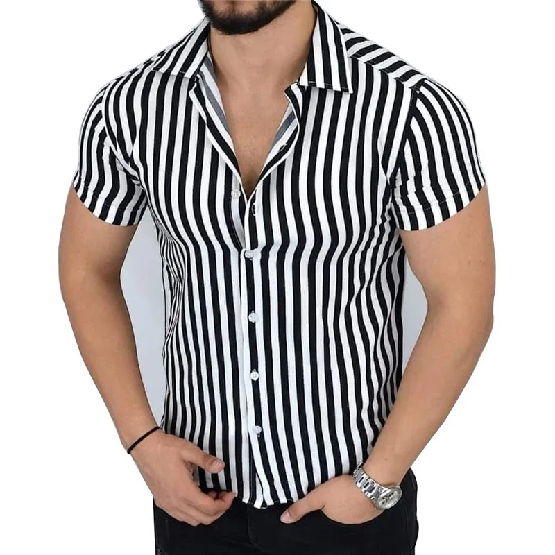 

Men Clothing 2021 New Thick Stripe Printing Casual Short-sleeved Shirt Fashion Plus Size Camisas Para Hombre