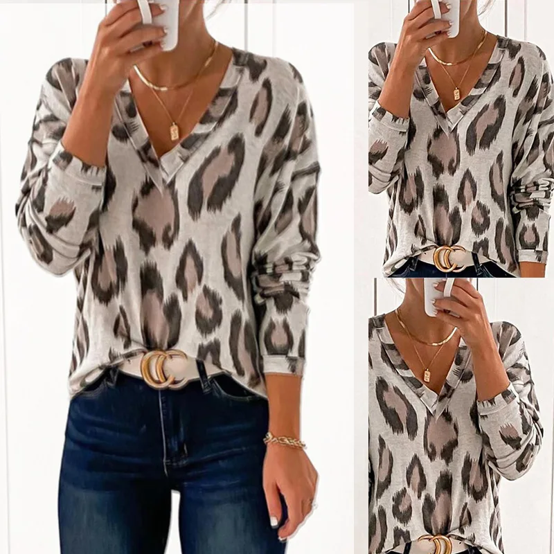 

Cross Border 2021 Spring and Summer New European and American Printing Long Sleeve V-neck Loose Casual T-shirt Women Om9570