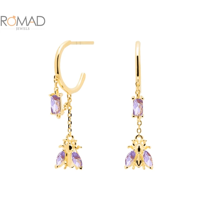 

ROMADRound Purple Crystal Dripping Oil Earrings 925 Sterling Silver HuggieEarrings For Women INS Gold Jewelry Pendientes Mujer