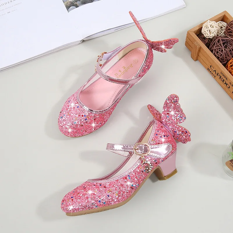 2020 Princess Kids Leather Shoes for Girls Flower Casual Glitter Children High Heel Girls Shoes Butterfly Knot Blue Pink Silver