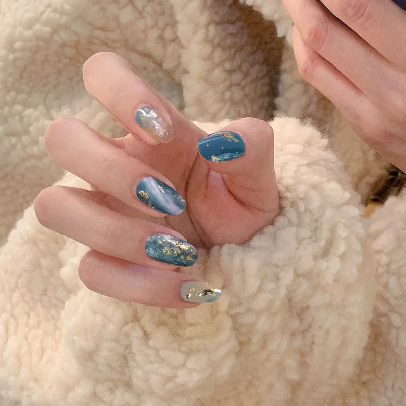 24 шт./в коробке синие серые Со стразы пресс на ногти средней длины для женщин