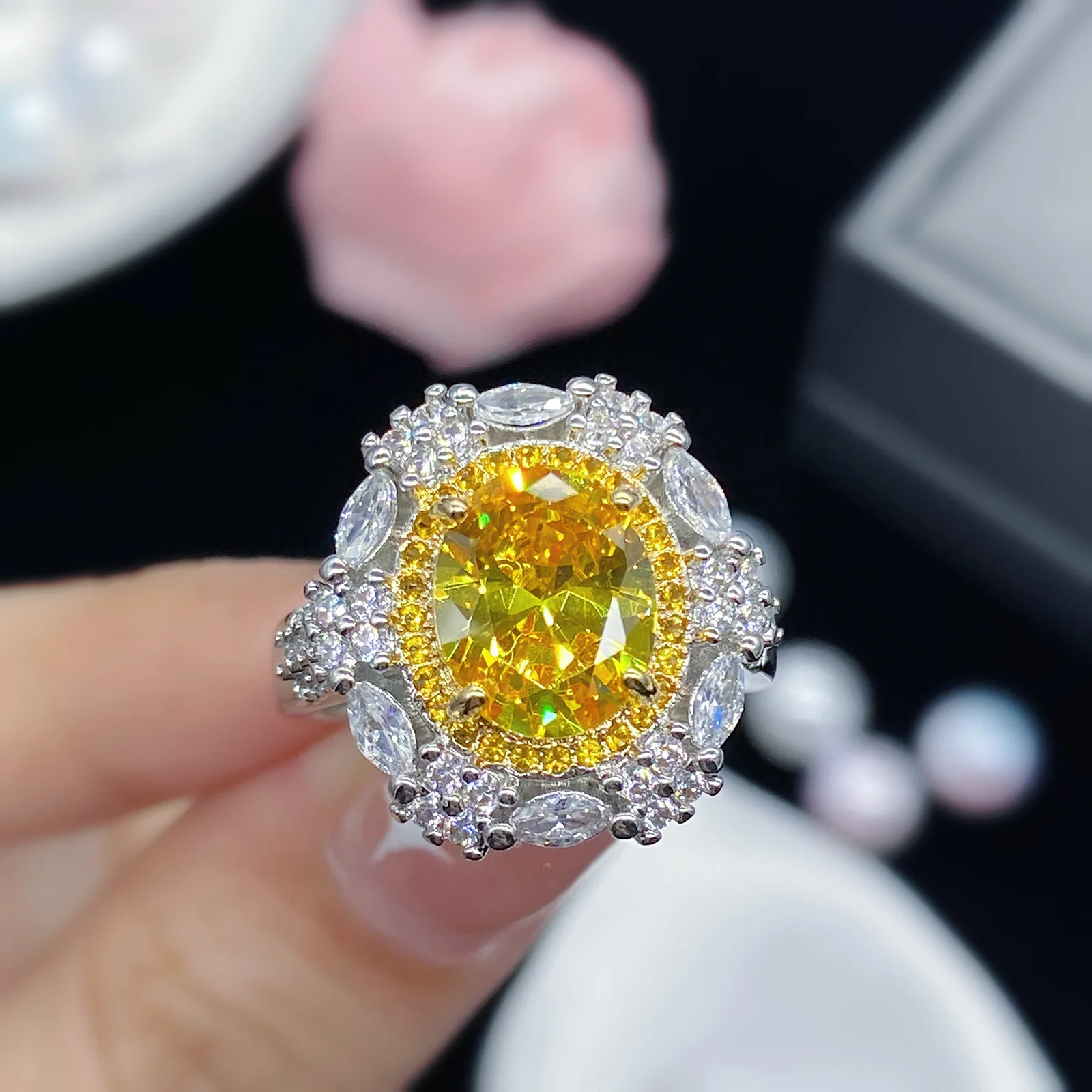 

Flower Lab Topaz Moissanite Promise ring 925 Sterling silver Engagement Wedding Band Rings for women Bridal Jewelry Gift