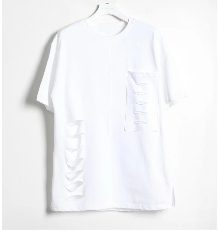 

New summer invisible shining moon original fashion men's personalized Korean Short Sleeve T-shirt with holes and color contrast