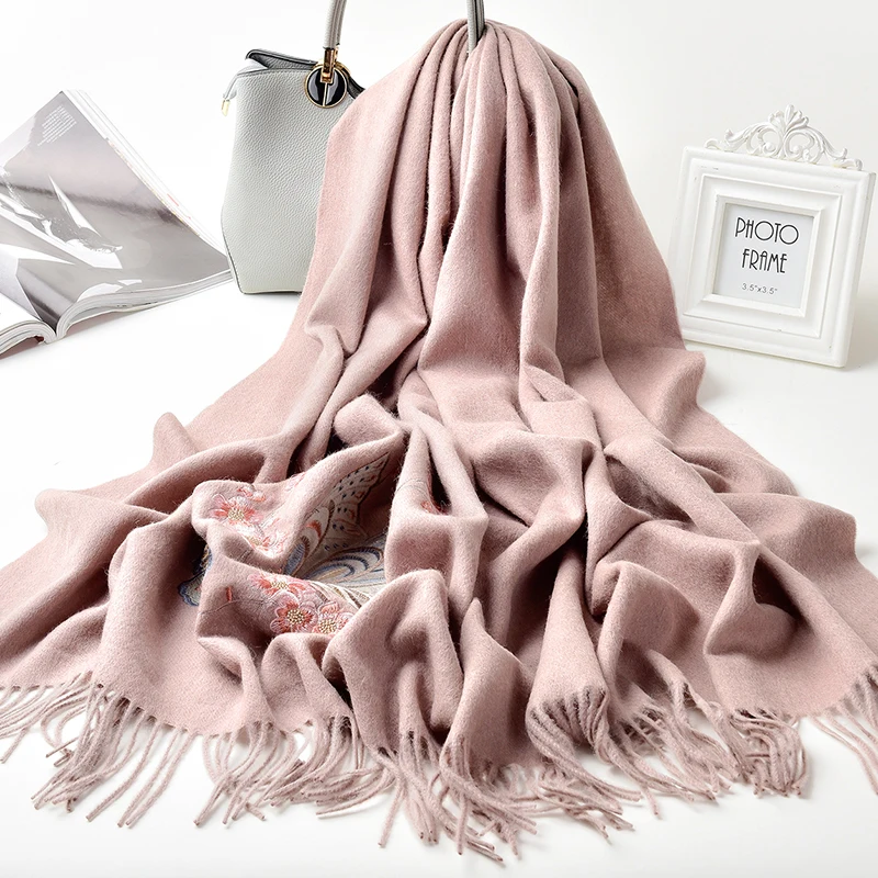 

Women Winter Wool Scarf Butterfly Embroidery Solid Wool Shawls Wraps for Ladies Luxury Tassels Warm Pashmina Scarves 190x70cm