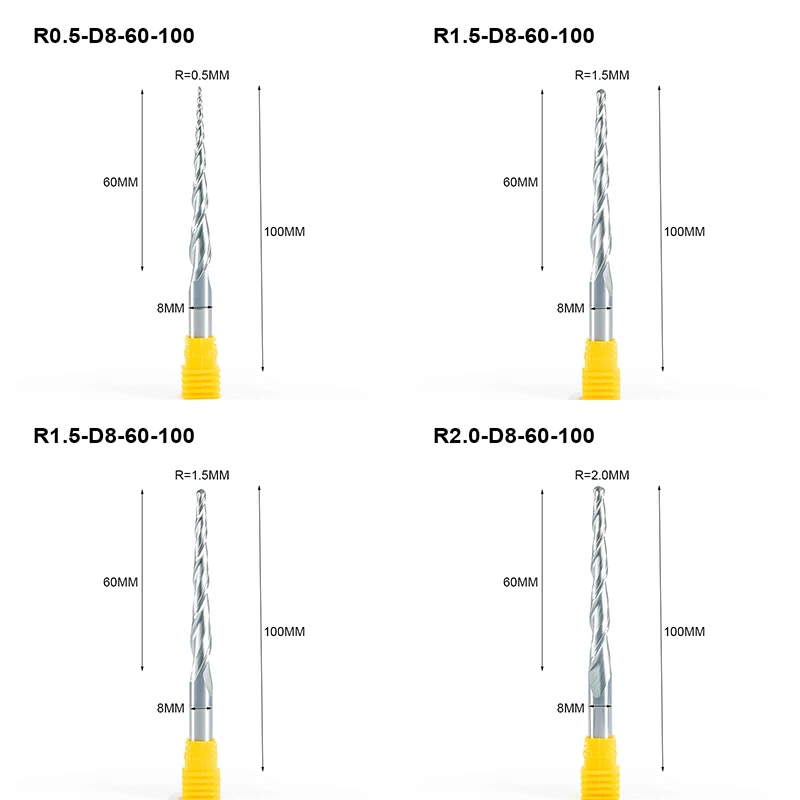 2 шт./лот R0.5 & 1,0 & 1,5 & 2,0 мм 8 мм хвостовик 100L HRC55 Вольфрам твердосплавные конические концевые фрезы и конусные фрезы с ЧПУ от AliExpress RU&CIS NEW
