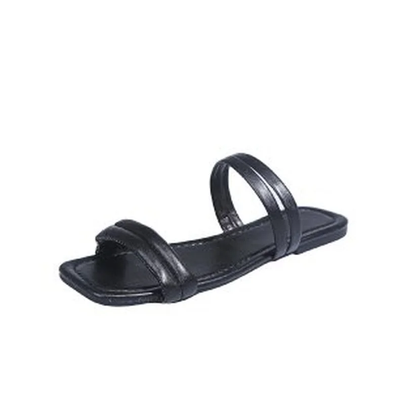 

2021Square Toe Sandals Leather Summer Slippers Soft Fashion Casual Slip on Shoes Beach Slides Zapatillas Mujer