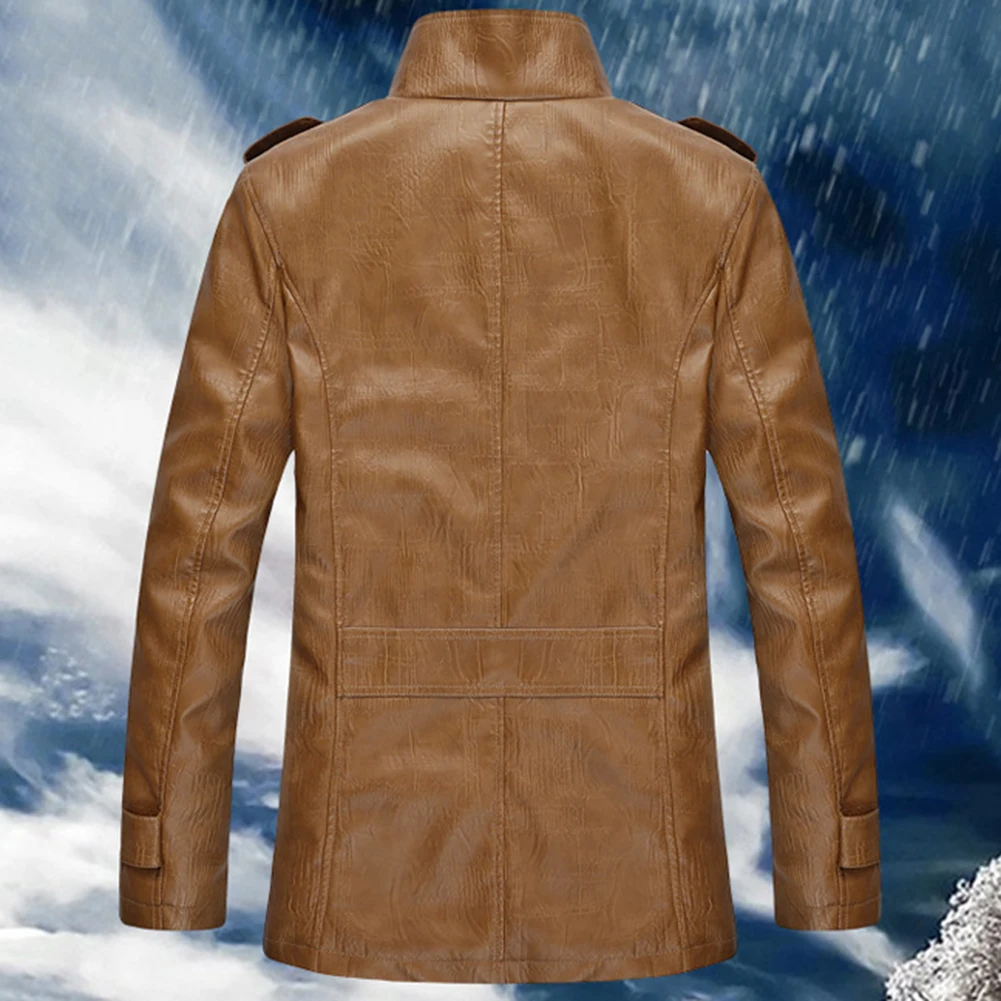 

Men Winter Stand Collar Faux Leather Buttons Pocket Fleece Plus Size Warm Jacket
