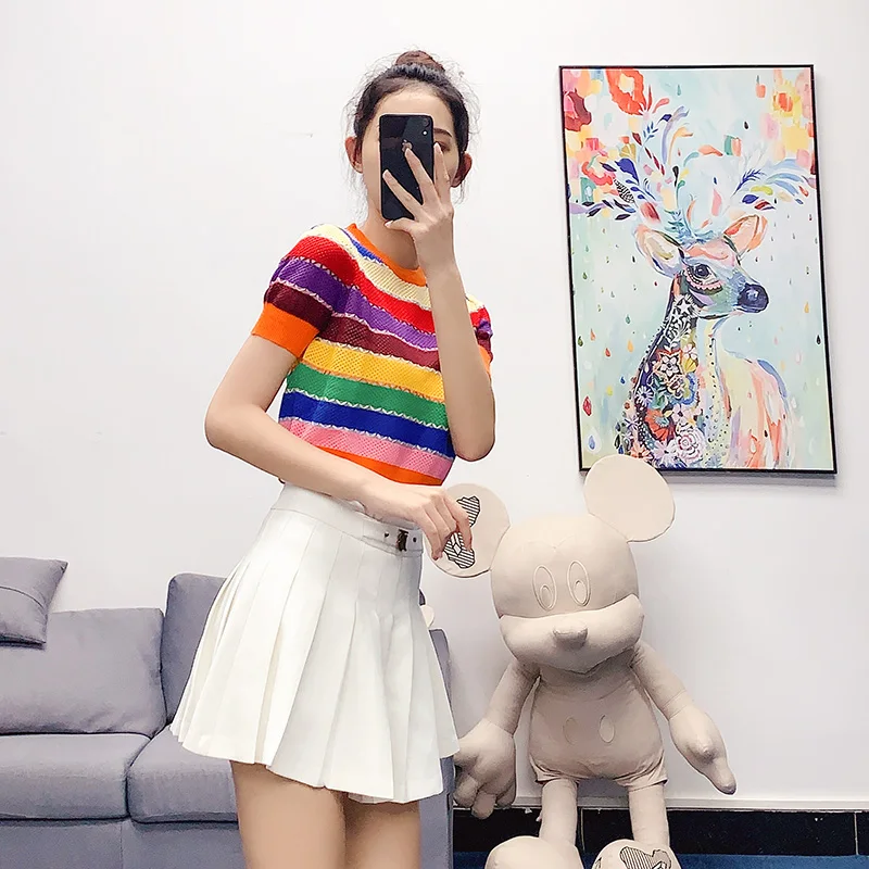 

Summer new rainbow color matching T-shirt knitted short sleeve top women's loose fashion hollow thin sweater