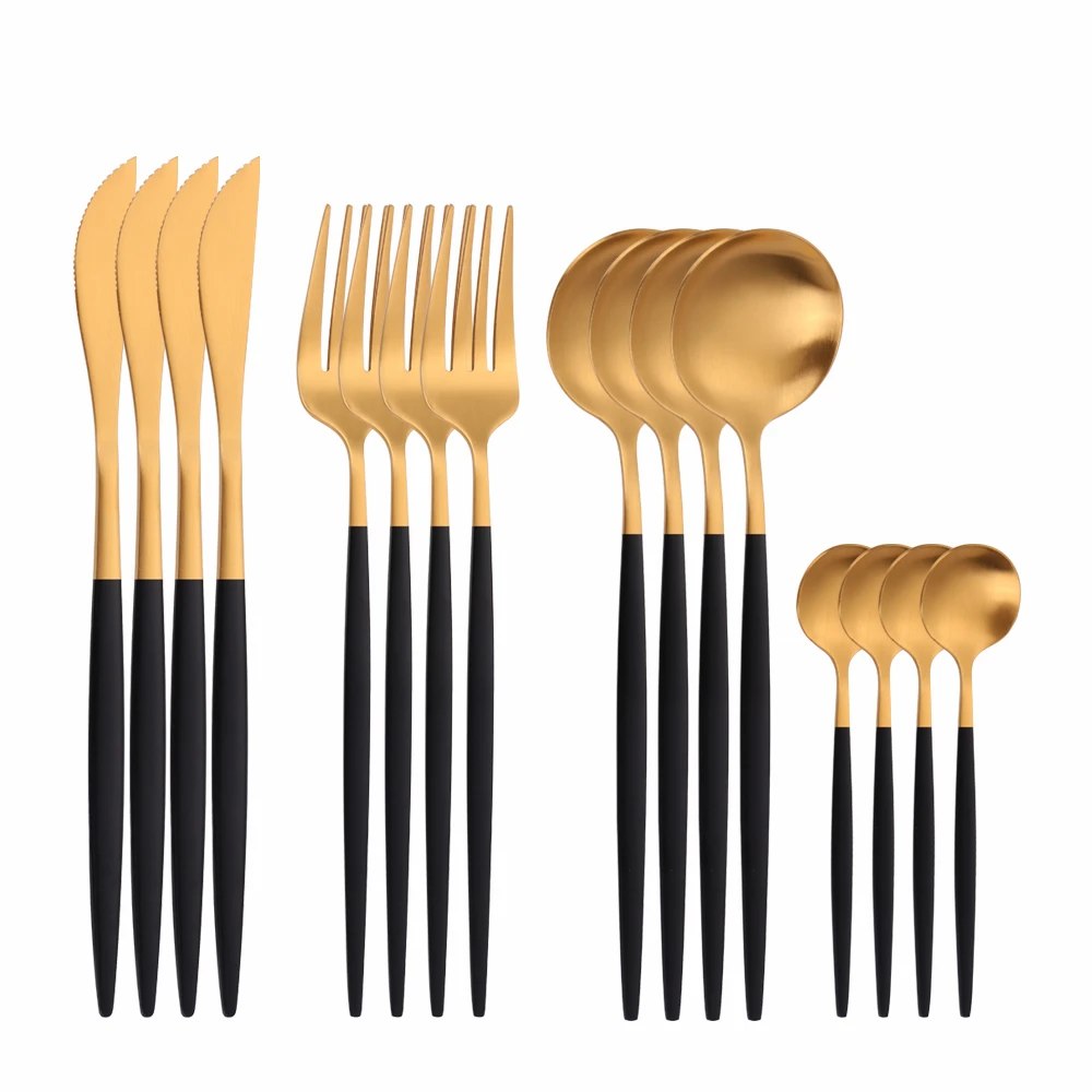 

16Pcs Matte Black Gold Stainless Steel Cutlery Tableware Set Dinnerware Flatware Set Forks Knives Spoons Set Thin Silverware