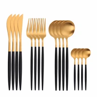 16pcs matte black gold stainless steel cutlery tableware set dinnerware flatware set forks knives spoons set thin silverware