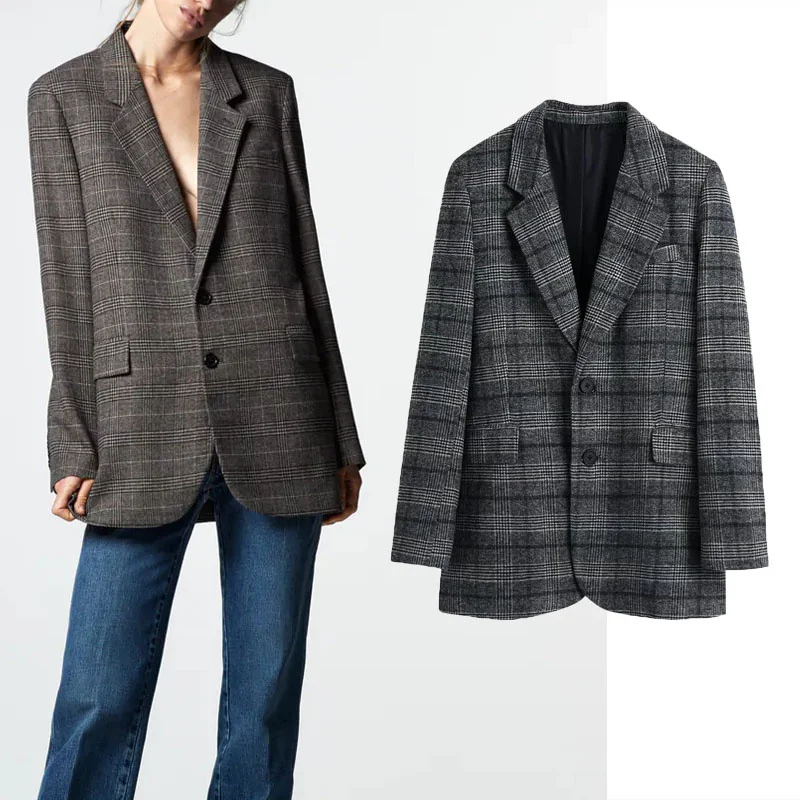 

Женский клетчатый Блейзер Za, прямой вырез, отворот, длинный рукав, винтажный повседневный жакет на пуговицах, верхняя одежда, осень 2021