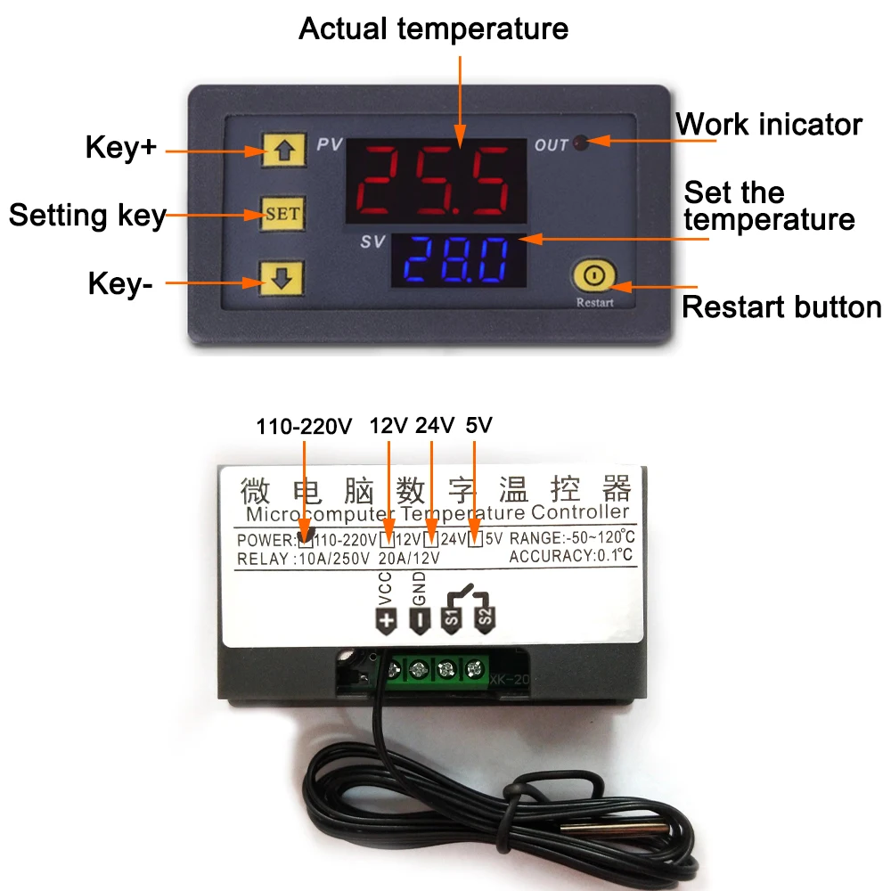 W3230 цифровой Контроль температуры 12V 24V AC110-220V щупа 20A светодиодный Дисплей