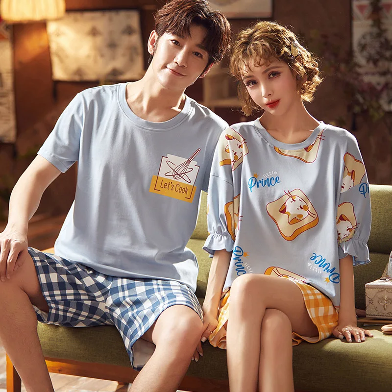 

SLPBELY Cotton Couple Pajamas Set Summer Pyjama Femme Male Cartoon Short Sleeved Plaid Shorts Men And Women Sleepwear Pijama New