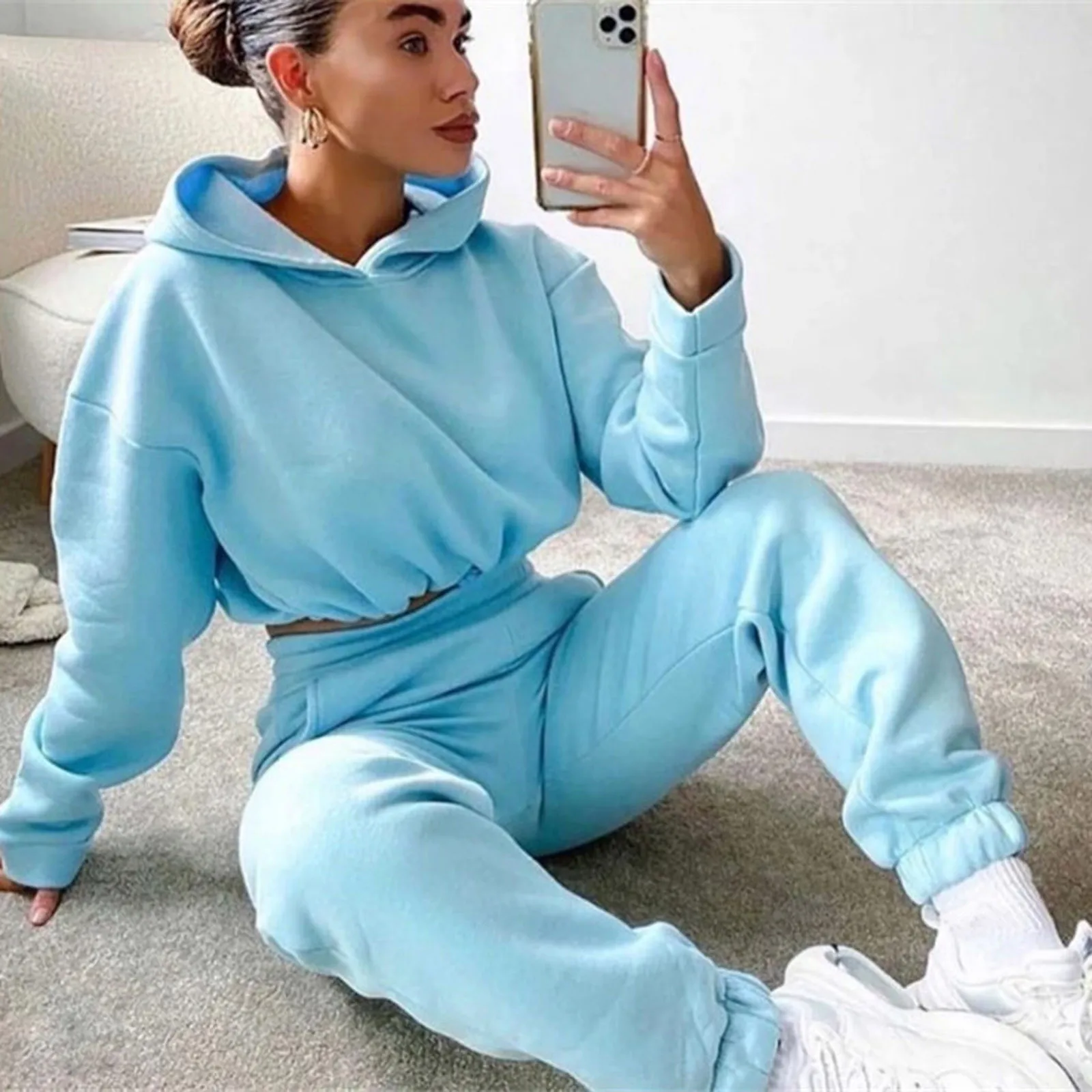 Women Sports 2 PCS Set Sweatshirts Holiday suit female Hoodies Pants  Home Sweatpants Trousers Outfits Solid Casual Tracksuit