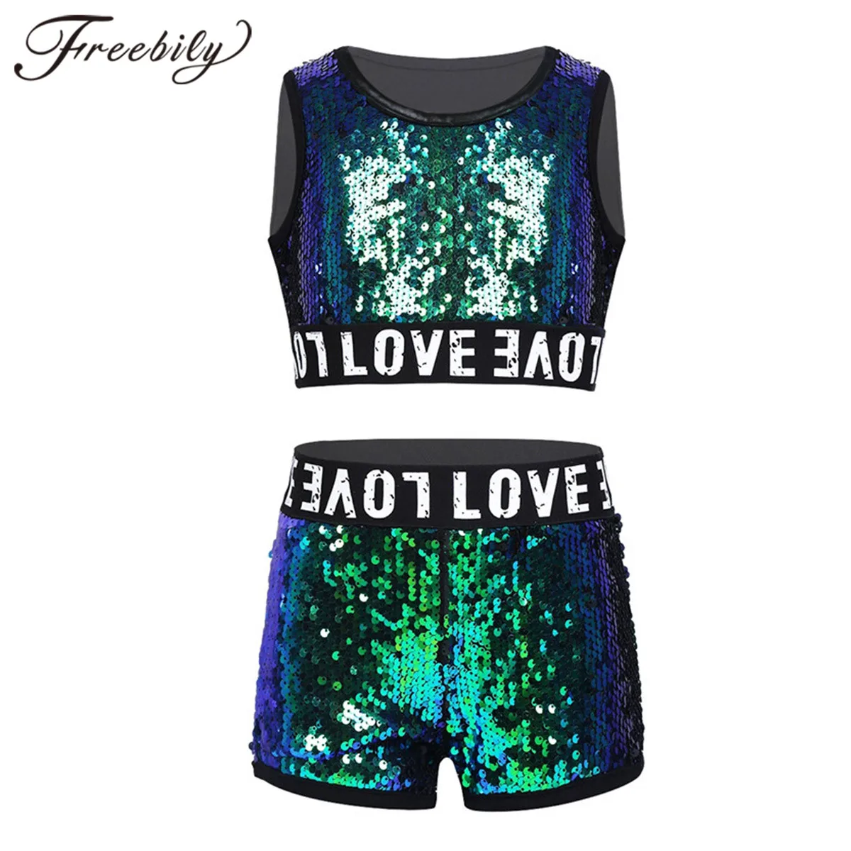 

Girls Hip-hop Jazz Dance Costume cheerleader Costumes Shiny Sequins Sleeveless Crop Top with Shorts Kids Child Dancing Clothes