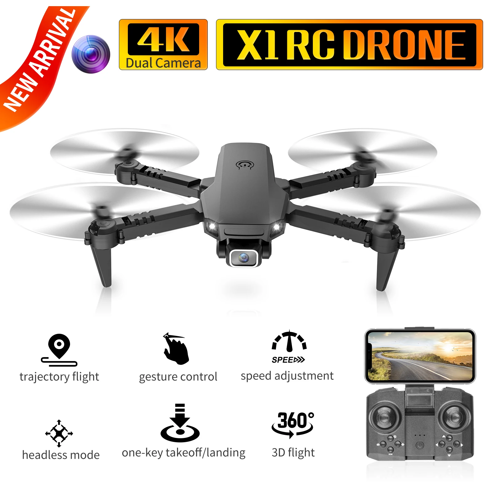 

Дрон Радиоуправляемый X1 с камерой 4K, двойная камера, Wi-Fi, FPV